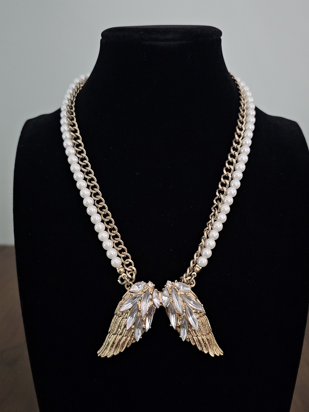 Betsey Johnson Gold and White Pearl Angel Wing Pendant Statement Necklace